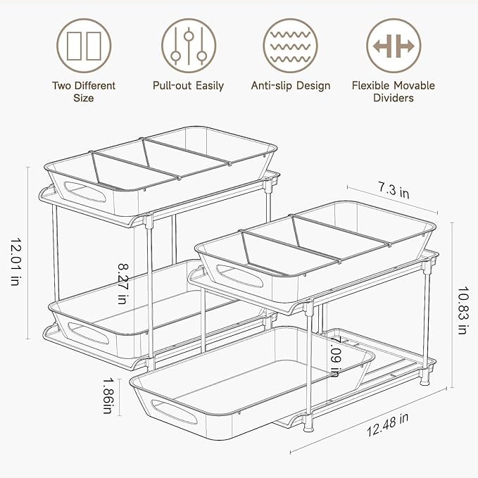 2 Sets of Under Bathroom Sink Organizer, 2-Tier Multi-Purpose Clear Medicine Cabinet Organizer, Pull Out Home Organization Must Haves 2026 with Movable Dividers
