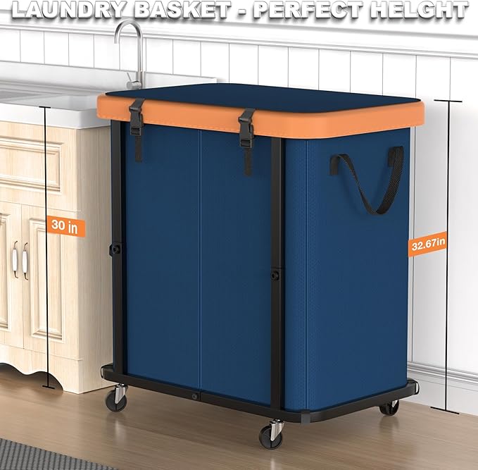 190L (50 Gal) Large Fashion Laundry Basket with Wheels, Leather Patchwork Rolling Hamper Carts, Sturdy Metal Frame, Removable Washable Bag, Tall Clothes Sorter for Bedroom, Laundry Room - Navy Blue