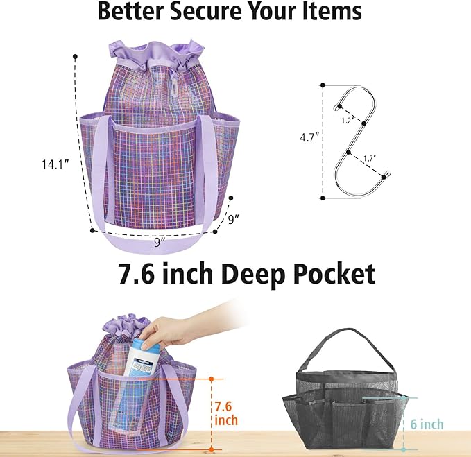 F-color Mesh Shower Caddy Portable with Drawstring - Tall 5 Pockets Dorm Room Essentials for Guys Girls with S Hook, Shower Bag Basket Tote for College Camping Travel Toiletry Bathroom, Purple Grid