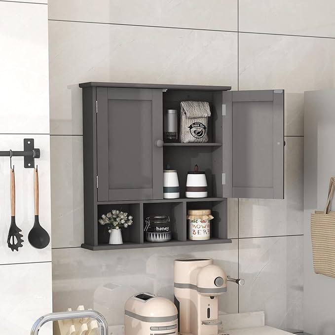 TaoHFE Grey Bathroom Cabinet,Bathroom Wall Cabinet with 2 Door Adjustable Shelves,Over The Toilet Storage Cabinet,Bathroom Cabinet Wall Mounted,Medicine Cabinets for Laundry Room Kitchen