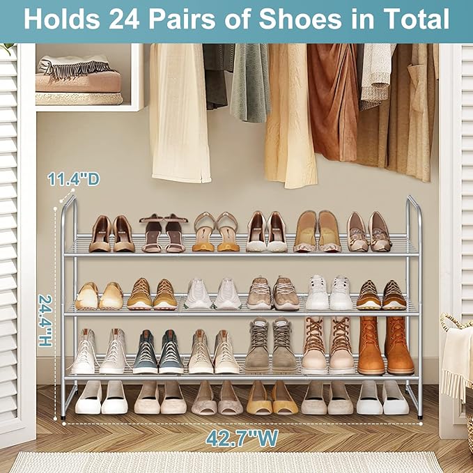 AOODA 3-Tier Long Shoe Rack for Closet Metal Wide Shoe Storage Organizer for Entryway, Bedroom, Floor, Holds 24 Pairs Men Sneakers Stackable Boot Shelf with Wire Grid, Grey