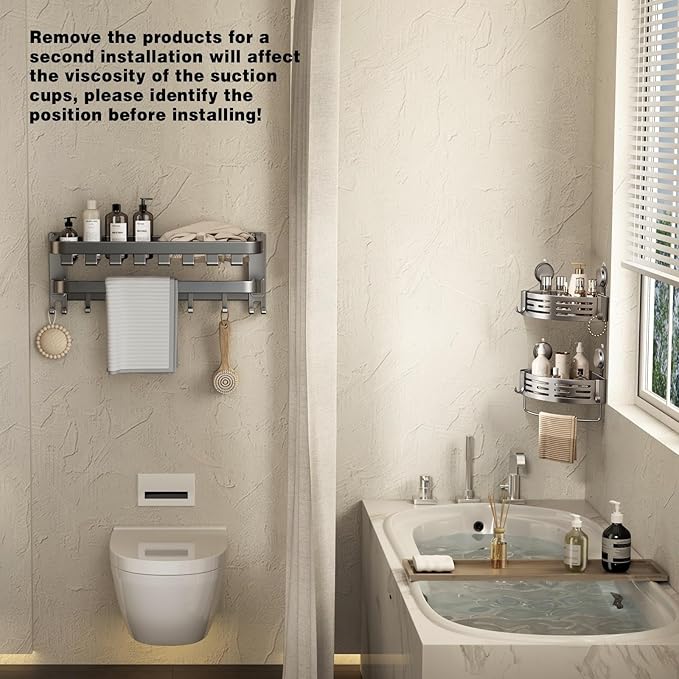 VOLPONE Corner Shower Shelf Suction Cup Shower Caddy Corner No Drilling Bathroom Shower Organizer Storage Rack Adhesive with Towel Bar (3-Pack, Gray)