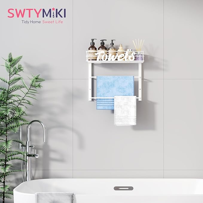 SWTYMIKI SWTYMIKI Over The Door Towel Racks for Bathroom - 5-Tier Wall Mounted Bathroom Towel Storage Organizer Holder with Metal Shelf (3 Tier-White)