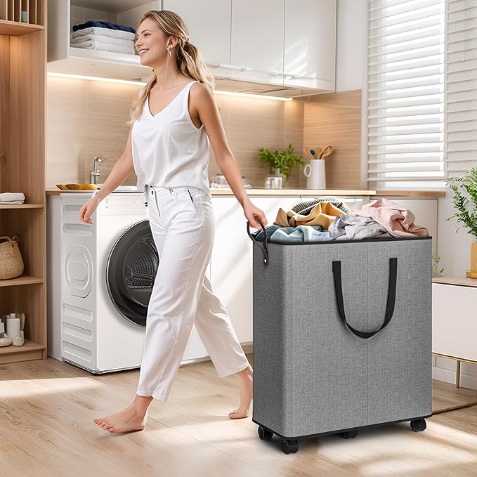 Laundry Basket with Wheels, Collapsible Laundry Baskets, Laundry Hamper with Handles Detachable Wheels, Rolling Laundry Basket, Dirty Clothes Hamper for Bathroom, Dorm, Bedroom, Grey, 136L