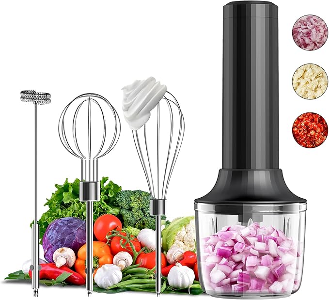 Cordless Hand Mixer MixgoII, Handheld Mixer Electric Whisk & Milk Frother, Hand Held Mini Mixers, Rechargeable Hand Mixer and Whisker, Food Processor for Cooking, Food Chopper, 4-Speed, 10Oz