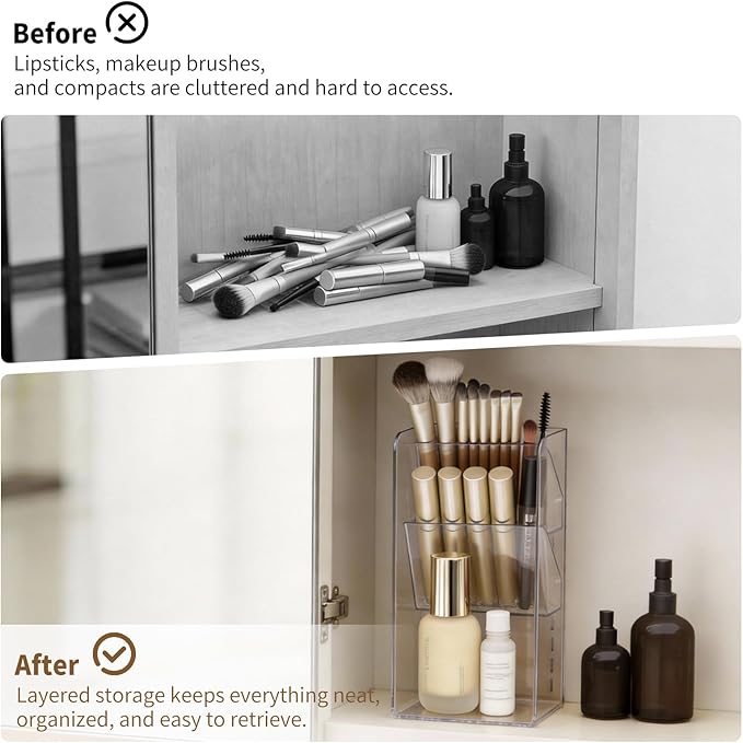 Medicine Cabinet Organizer with Adjustable Dividers, Clear Open Storage Compartment, Space-Saving Makeup Brush Holder for Bathroom, Wall Cabinet, Vanity Countertop (2-Tier Full Slant)