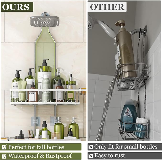 Shower Caddy Hanging: Adjustable Height, Rustproof Shelves with Hooks, 2 Soap Holders - Silver Shower Organizer Over Showerhead