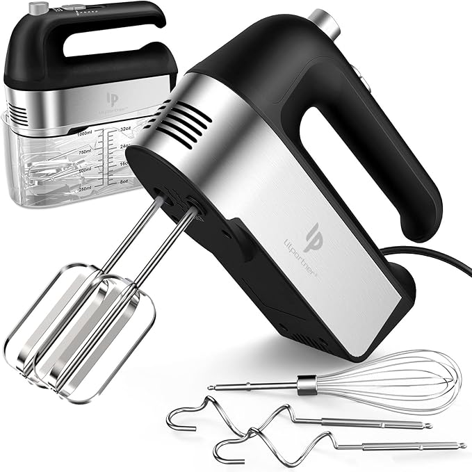 Hand Mixer Electric, 450W Kitchen Mixers with Scale Cup Storage Case, Turbo Boost/Self-Control Speed + 5 Speed + Eject Button + 5 Stainless Steel Accessories, For Easy Whipping Dough, Cream, Red