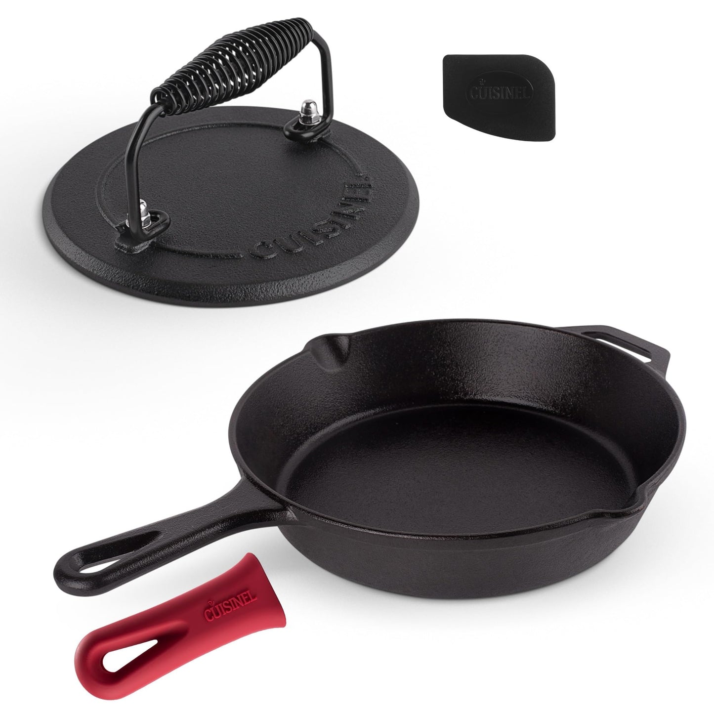 Cuisinel Cast Iron Skillet Set - 10" + 12" Frying Pan + Glass Lids + 2 Handle Cover Grips - Pre-Seasoned Oven Cookware - Indoor/Outdoor Use - Grill, Stovetop, Induction, BBQ, Camping, Fire Use