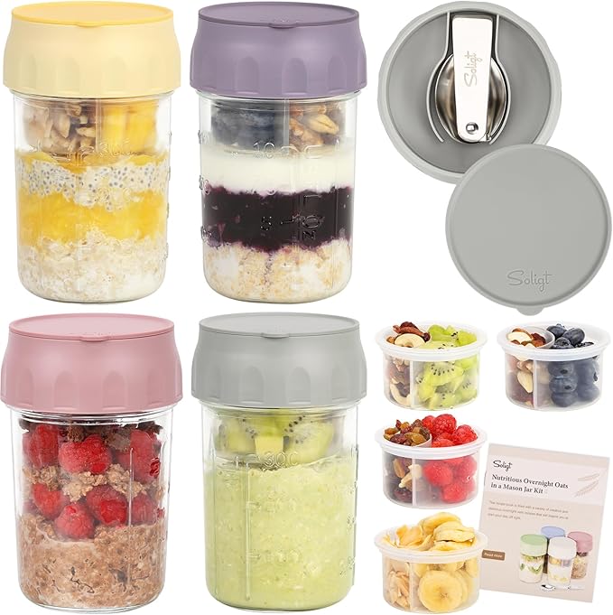 SOLIGT Overnight Oats Containers with Lids, Folding Spoons and Divided Compartment for Fruit & Nuts, Small Glass 16oz Mason Jars for Oatmeal Yogurt Parfait (2 Set-Smoke Gray/Oat White)
