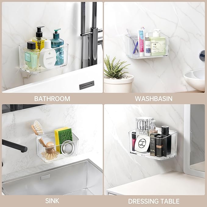 2 Pack Clear Shower Shelf, Adhesive Bathroom Shower Shelves, Wall Mounted Bathroom Shower Organizer, No Drill Shower Shelves with Self Adhesive Tape, Transparent