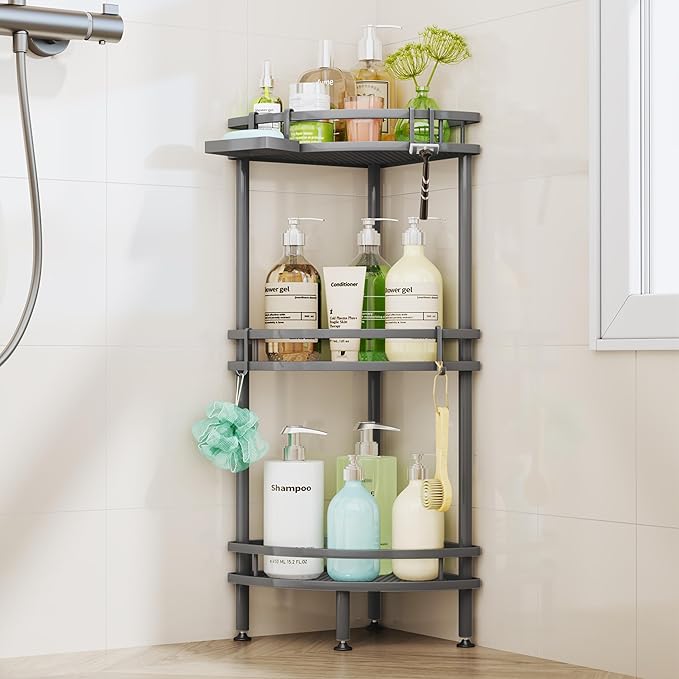 HapiRm apiRm Standing Corner Shower Caddy - 3 Tier Shower Organizer Corner with Soap Holder and 4 Hooks, Rustproof Bathroom Storage Shelves with Adhesives, Grey