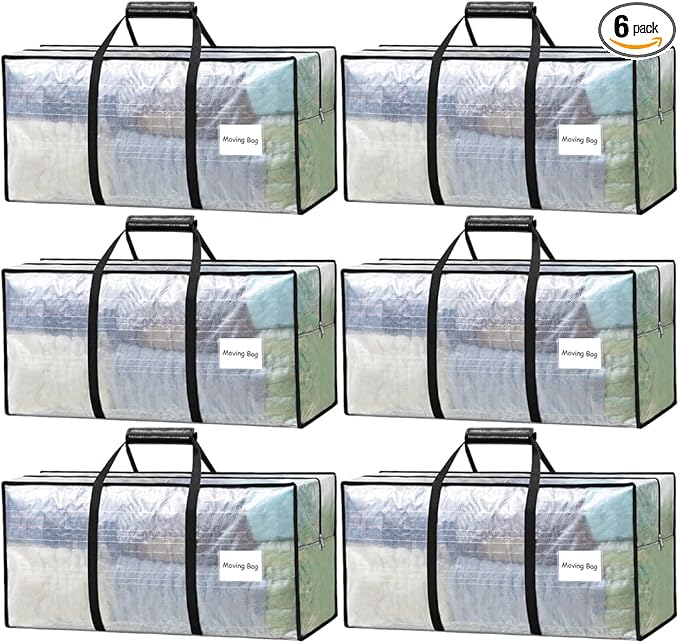 6 Pack Heavy Duty Moving Bags with Padded Wrap Around Handles-Strengthened Zipper Extra Large Storage Totes for Dorm College Clothes Clear