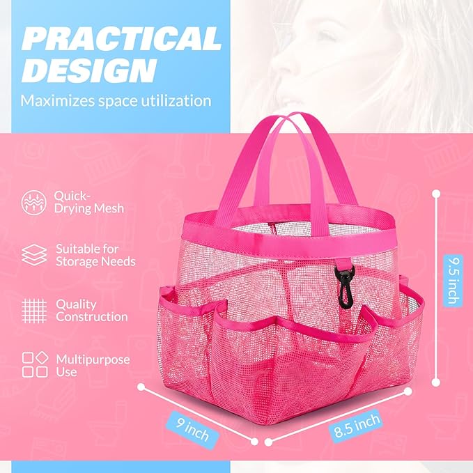 Mesh Shower Caddy Portable for College Dorm Room Essentials with 8 Pockets, Shower Bag for Beach, Swimming, Gym, Travel, Bathroom(All rose pink)