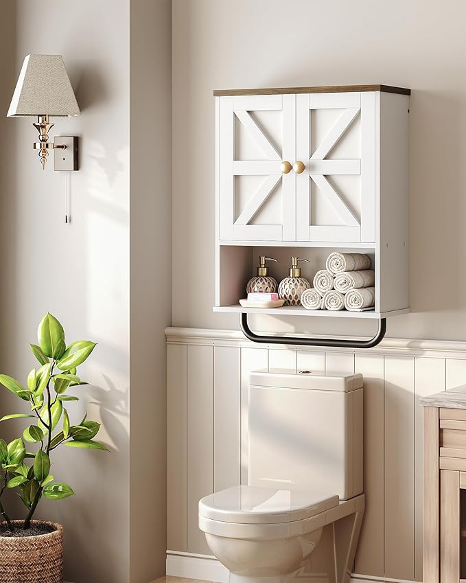 Bathroom Wall Cabinet, Medicine Cabinet with Open Partition and Towel Bar, Rustic Storage Cabinet with Open and Hidden Storage Space, for Bathroom, Living Room, Kitchen, White and Walnut