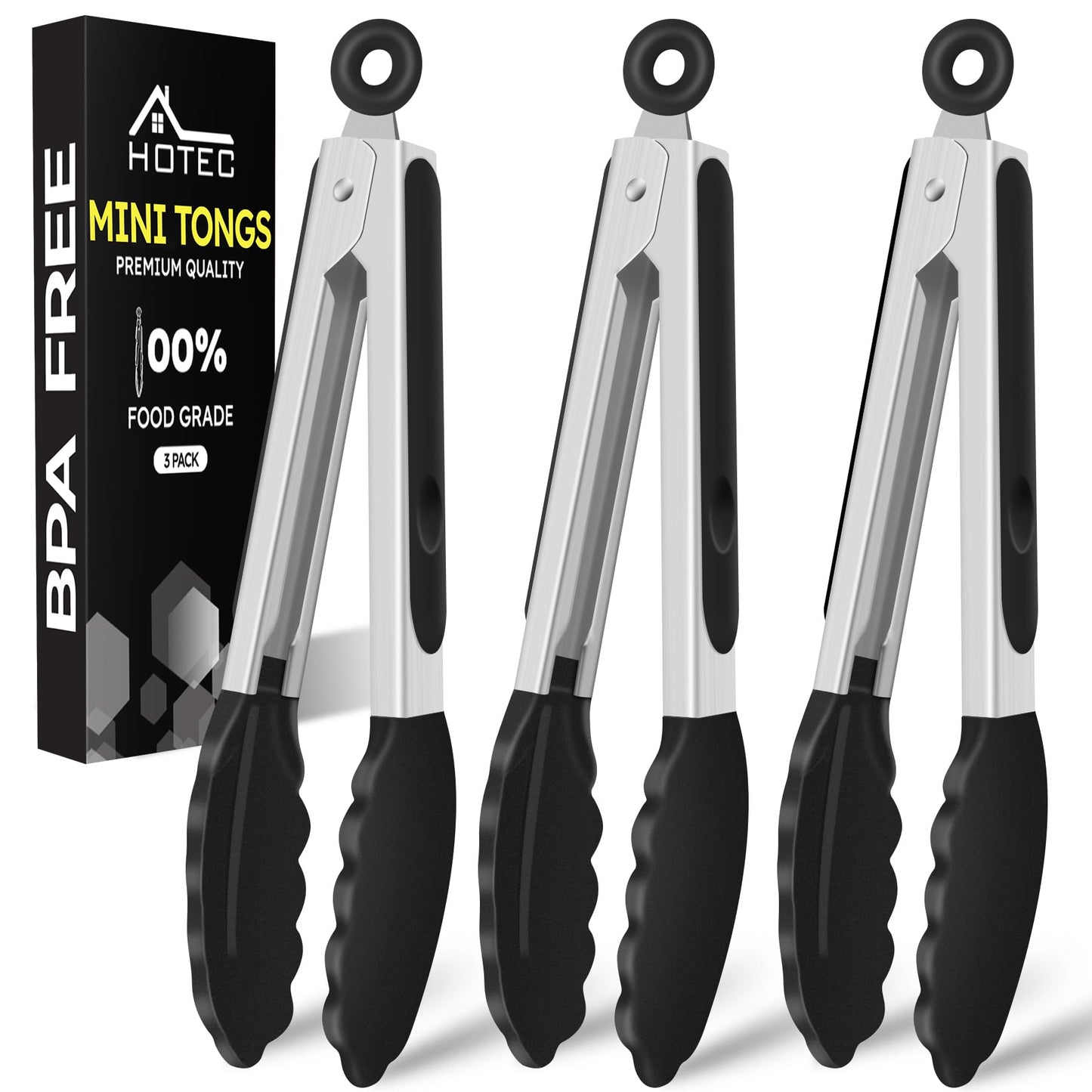 Hotec 7-Inch Mini Silicone Kitchen Tongs, Heat Resistant Non-Stick Small Serving Tongs with Silicone Tips, Food Safe Cooking Tongs Set of 3 (Black, Grey, White)