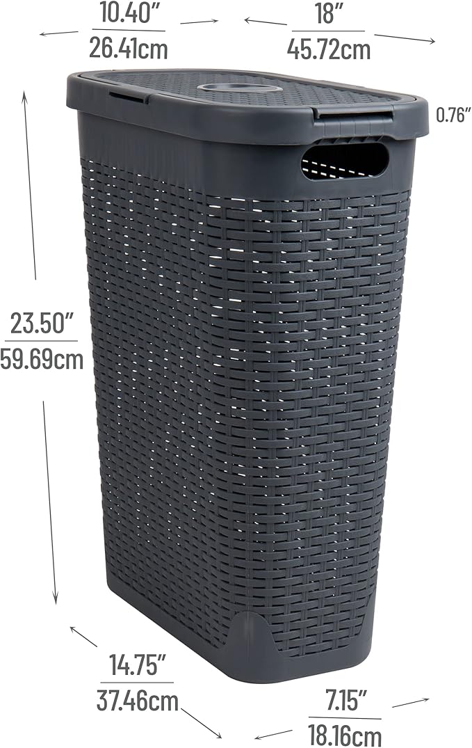 Mind Reader Slim Laundry Hamper with Lid, 40L Clothes Basket, Premium Wicker Design, Plastic, Gray