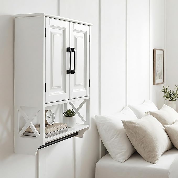 Wall Mounted Bathroom Cabinet, Farmhouse Medicine Cabinet with 2 Elegant Raised Panel Cabinet Doors, with Adjustable Shelf & Towel Bar – Over Toilet Storage Organizer for Small Spaces, White