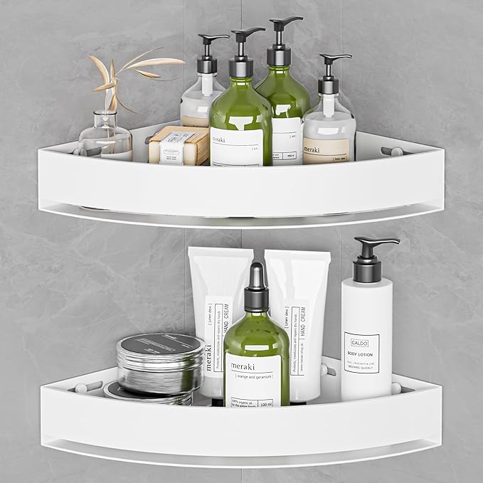 Aluminium Shower Corner Shelves - Rustproof Shower Caddy No Drilling Installation Shampoo Holder, White Shelves for Wall for Bathroom Storage,Holds 20LB