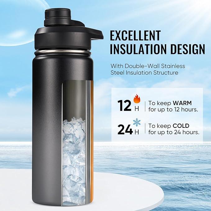 18 oz Insulated Water Bottle with Handle, 304 Stainless Steel Water Bottles with Wide Mouth, Double Wall Vacuum Sports Water Bottle, BPA Free, Keep Cold and Hot, Black/Gray