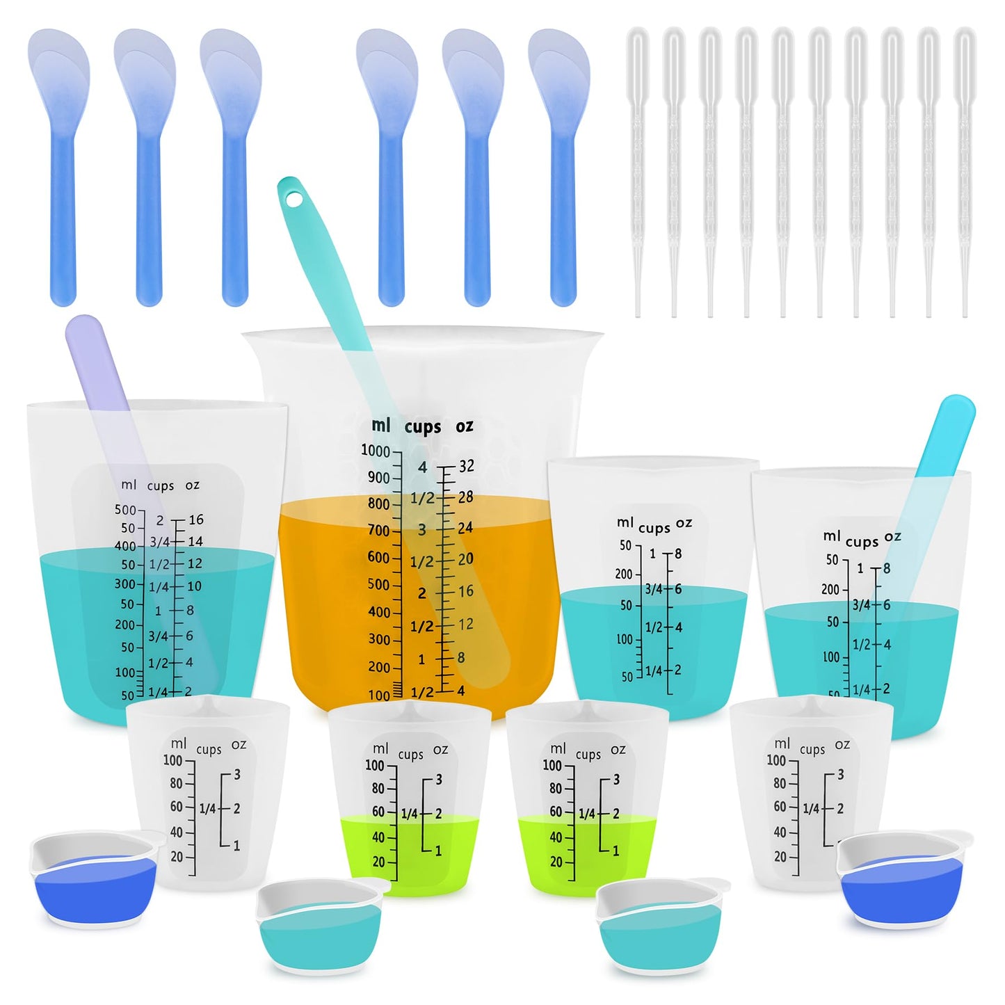 SWIGRANCE Silicone Resin Mixing Measuring Cups for Resin Supplies, 600ml/20oz Bowl, 250 & 100ml Thickened Reusable Silicone Cups for Epoxy Mixing, with Stir Sticks and Pipettes, Jewelry Making