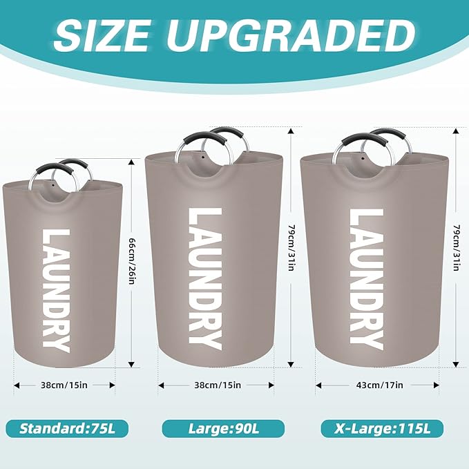 StorageRight 90L Large Laundry Basket, Laundry Hamper, Dirty Clothes Hamper for Laundry, Collapsible, Waterproof Laundry Baskets with Foam Protected Aluminum Handles for Laundry, Dorm, Family (Khaki)