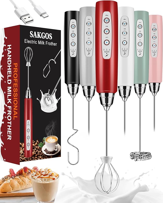 Milk Frother Wand Rechargeable Handheld Electric Whisk 3 Speed Adjustable