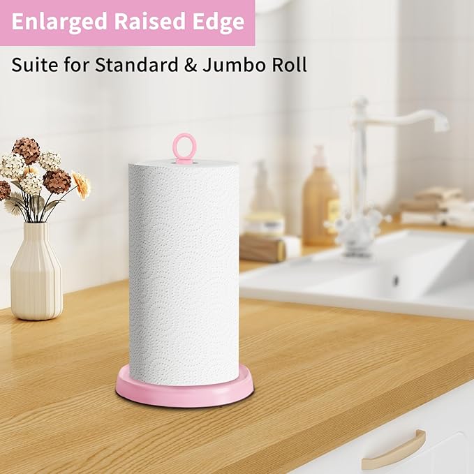 Pink Paper Towel Holder Countertop, Pink Kitchen Accessories Decor, Stainless Steel, Paper Towel Stand Holder for Bathroom Farmhouse Essentials with Weighted Base