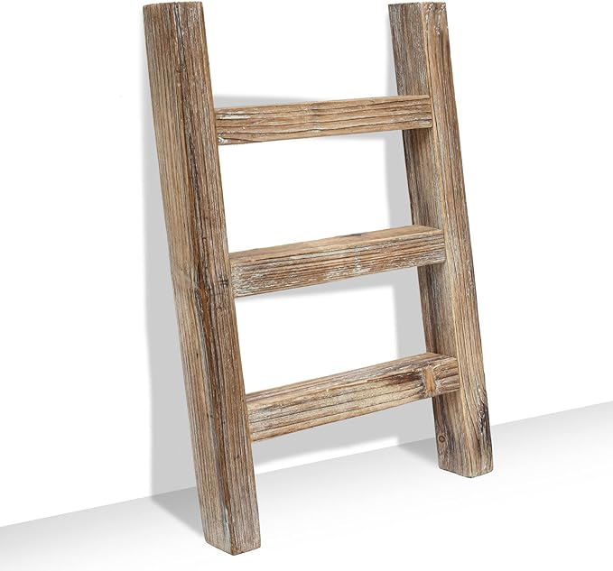 FUIN Wooden Tea Towel Ladder, Mini Ladder Towel Rack Display Hanger, Small Rustic Farmhouse Tea Towel Stand Holder for Country Bathroom Decor, Burnt Brown
