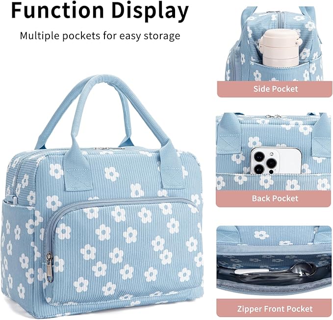 Lunch Bag Women Lunch Box for Women Adult Cute Insulated Lunch Bag Lager Cooler Lunch Tote Bags for Work Picnic (Blue-Flower)