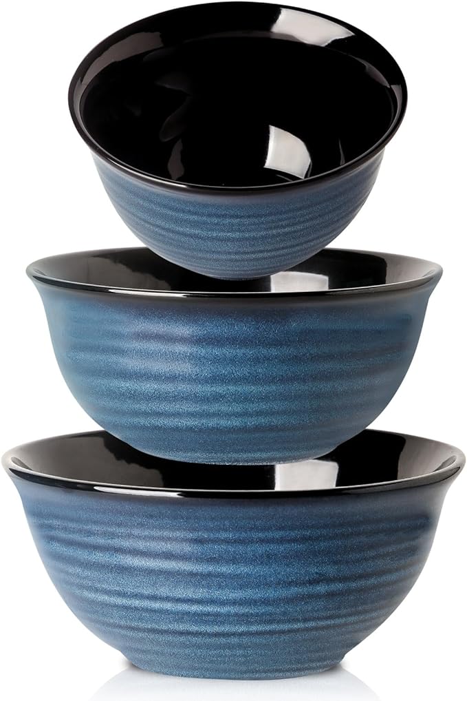 HASENSE Ceramic Mixing Bowls Set, 2.1/1.0/0.5 Qt, Handmade Salad Serving Bowls for Kitchen, Deep Nesting Dishes for Storage and Baking, Microwave Dishwasher Safe