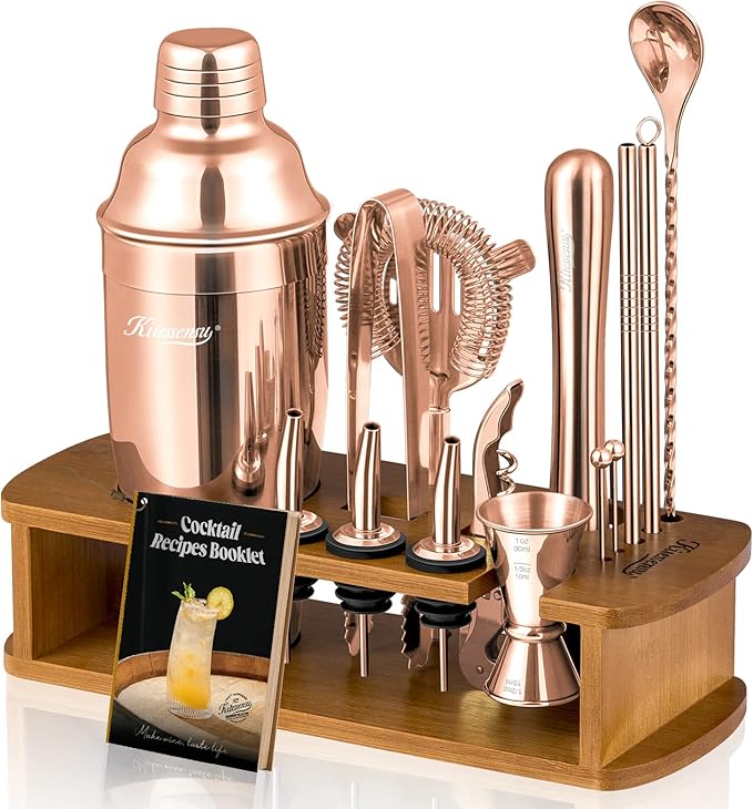 KITESSENSU Cocktail Shaker Set Bartender Kit, 6-Piece Silver Bar Set with Stand, Bar kit with Essential Bar Accessory Tools: Martini Shaker, Jigger, Strainer, Bar Spoon, Tongs, Opener