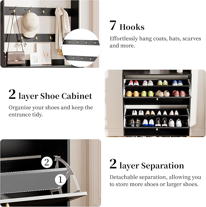 Shoe Cabinet for Entryway with 2 Flip Drawers & Coat Rack, Narrow Hidden Shoe Storage Cabinet with Fluted Panel, 2-in-1 Hall Tree Slim Freestanding Shoe Rack Organizer for Hallway, Black