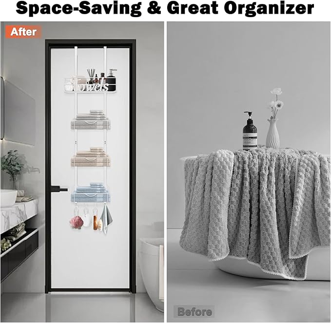 HarJue Over The Door Towel Racks, No Drill Towel Storage with Basket & Hooks, Space-Saving Multi-Functional Towel Holder for Bathrooms, bedrooms, Apartments, RVs (White)