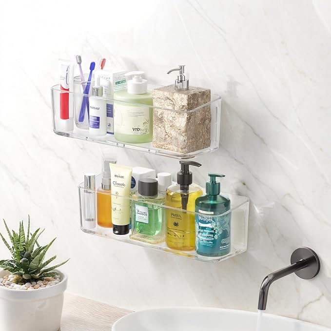 2 Pcs Clear Shower Shelf, Large Bathroom Wall Mounted Shower Caddy, No Drill Self Adhesive Bathroom Organizer with Self Adhesive Tape
