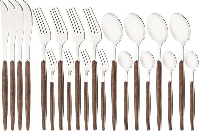 Snplowum 20 Piece (4 Set) Silver Stainless Steel Tableware With Wooden Handle, Wedding Cutlery And Daily Use, Silverware For Home Restaurant Party, Mirror Finished