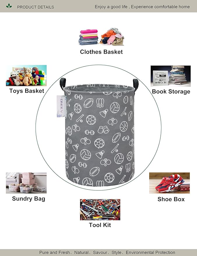 Round Waterproof Laundry Basket、Foldable Storage Basket、Laundry Hampers with Handle、Gift Basket,Suitable for Children's Room and Toy Storage (Grey Sports Ball)