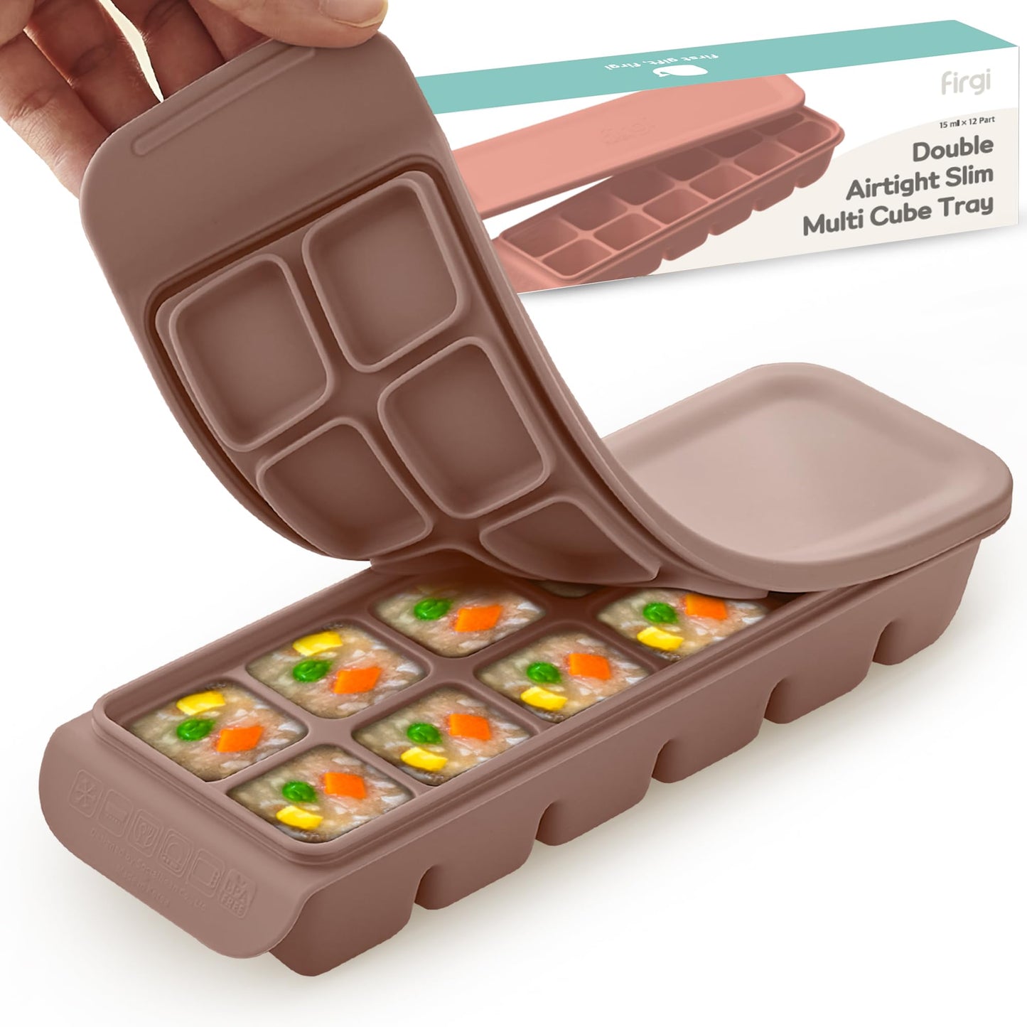 Firgi 1.7 oz/4 Sections Silicone Ice Cube Freezer Tray with Lid, 100% Food-Grade Platinum Silicone,Leak Resistance & Dishwasher Safe for Baby Food Prep,Breast Milk,Purees - Korean Made, Brown