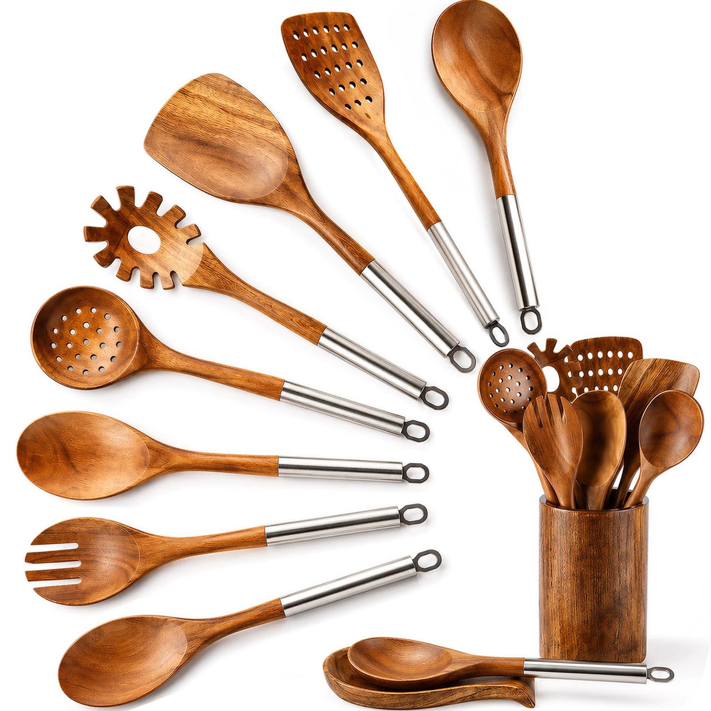 10PCS Teak Wooden Utensils Set With Holder & Spoon Rest, Stainless Handle