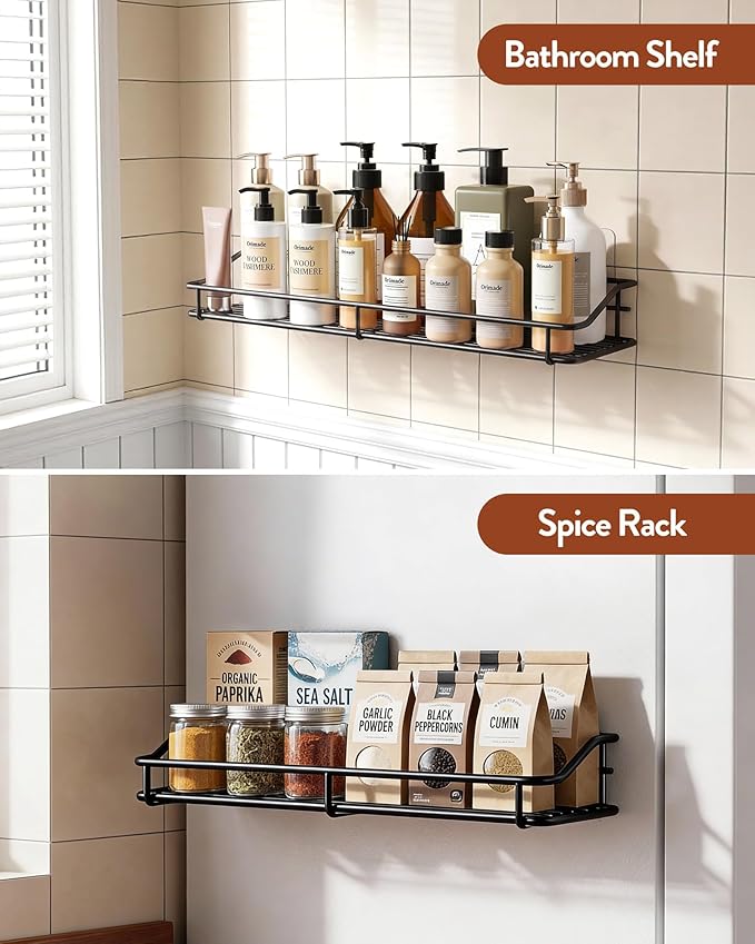 Orimade Adhesive Bathroom Shelf Organizer Shower Caddy Storage Basket Kitchen Spice Rack No Drilling SUS304 Stainless Steel Rustproof, 15.75 inch, Black