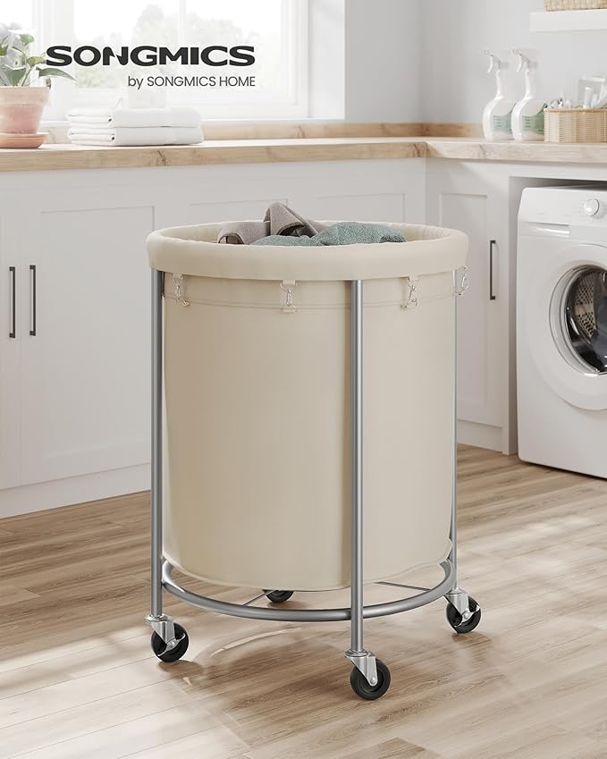 SONGMICS 50.2-Gallon (190 L) Laundry Basket with Wheels, Rolling Round Heavy-Duty Laundry Hamper Cart with Steel Frame and Removable Bag, 2 Locking Wheels, Cream White and Metallic Silver URLS01MZ