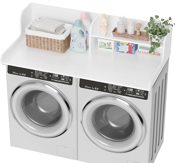 DTK Washer Dryer Wood Countertop with Shelf, Laundry Topper with Non-Slip Mat,27.55" Depth x 54" Width Dryer Covers for The Top with Edge Rails (White)