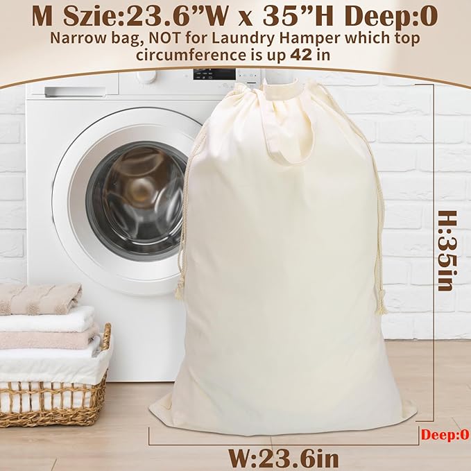 Canvas Laundry Bag with Handles & Drawstring 23.6"Wx35"H, Hanging Dirty Clothes Travel Bag, Heavy Duty Washable Laundry Sack (NOT Hamper Liner) - 2 Pack