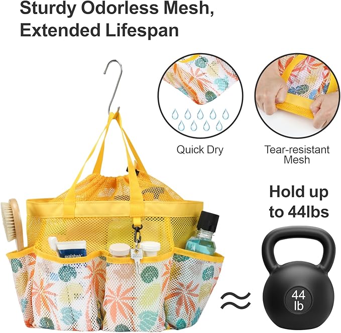 F-color Mesh Shower Caddy Portable with Drawstring - Large 8 Pockets Dorm Room Essentials for Guys Girls with S Hook, Shower Bag Basket Tote for College Camping Gym Travel Bathroom, Yellow Beach