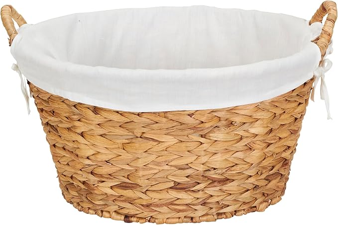 Household Essentials Round Wicker Laundry Basket with Handles, Whimsical Water Hyacinth Basket, Supportive Metal Frame, Removable Polyester Liner, Handwoven, Well-Structured and Versatile, Natural