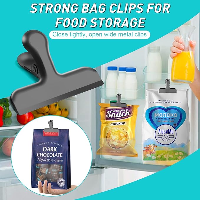 24 Pack 3 Inch Stainless Steel Black Chip Clips Strong Bag Clips Large Clip for Food Packages, Metal Kitchen Food Clip for Snack Home&Office Paper Heavy Duty