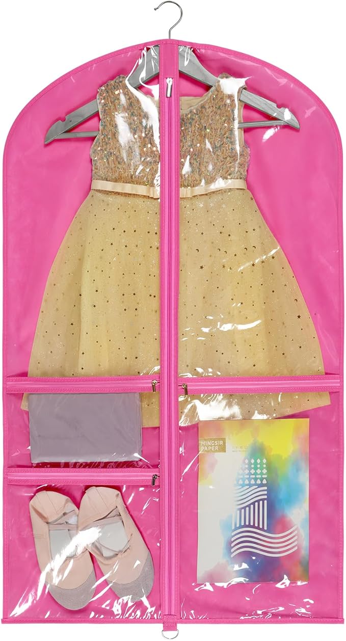 Univivi 40 Inch Clear Garment Bags for Dance Costumes, Kids Dance Costume Garment Bag for Hanging Clothes with 3 Medium Clear Zipper Pockets for Dance Costumes, Closet Storage(Rose Red)