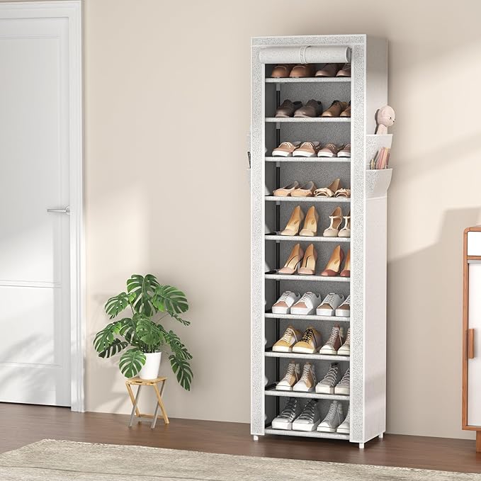 VTRIN Vertical Narrow Shoe Rack Organizer Tall Shoe Rack for Closet Entryway 10 Tier Non-Woven Cover Shoe Shelf Holds 20-22 Pairs Free Standing Shoe Storage Cabinet with Dustproof Cover, Multi Color