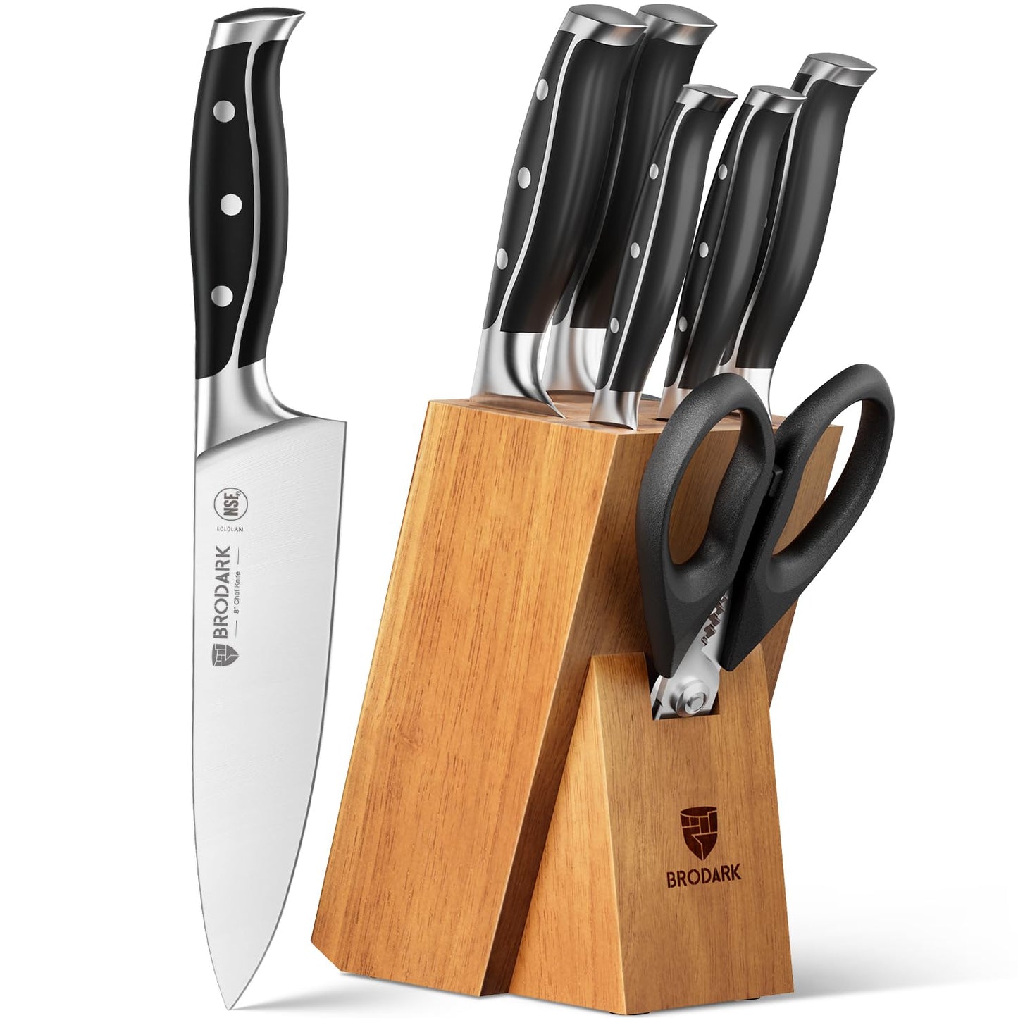 BRODARK 7Pcs Ultra Sharp Kitchen Knife Set, Acacia Wood Block with Scissors
