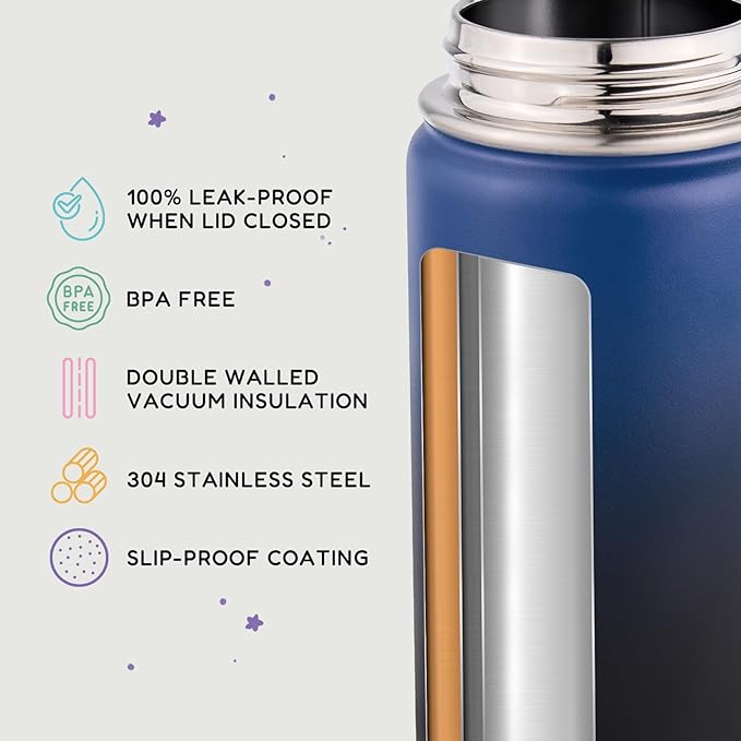 12oz Kids Water Bottle for School, Toddler Bottles with Straws, Stainless Steel Vacuum Insulated Water Bottle for Boys&Girls, Leak-Proof, BPA-Free, Blue Black
